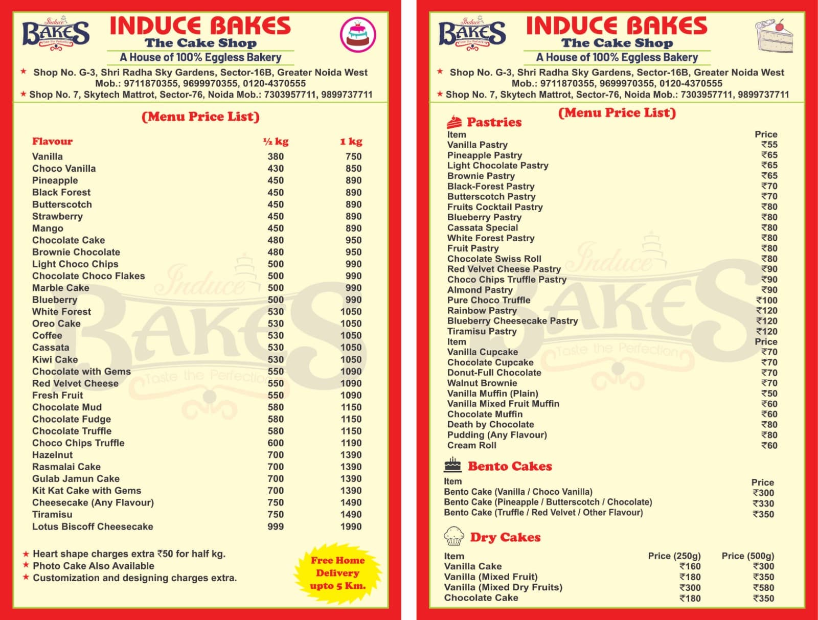 Menu of Induce Bakes